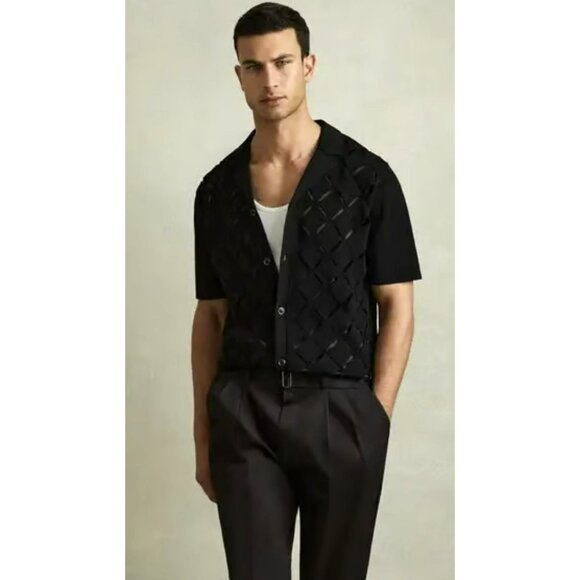 Reiss Harley Laser Cut-Out Cuban Collar Shirt in Black Mens Large NWT - Picture 4 of 10